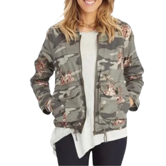 DEMOCRACY Floral Camo Bomber Jacket in Green Camo w/ Pink Florals Size Large - Picture 1 of 7